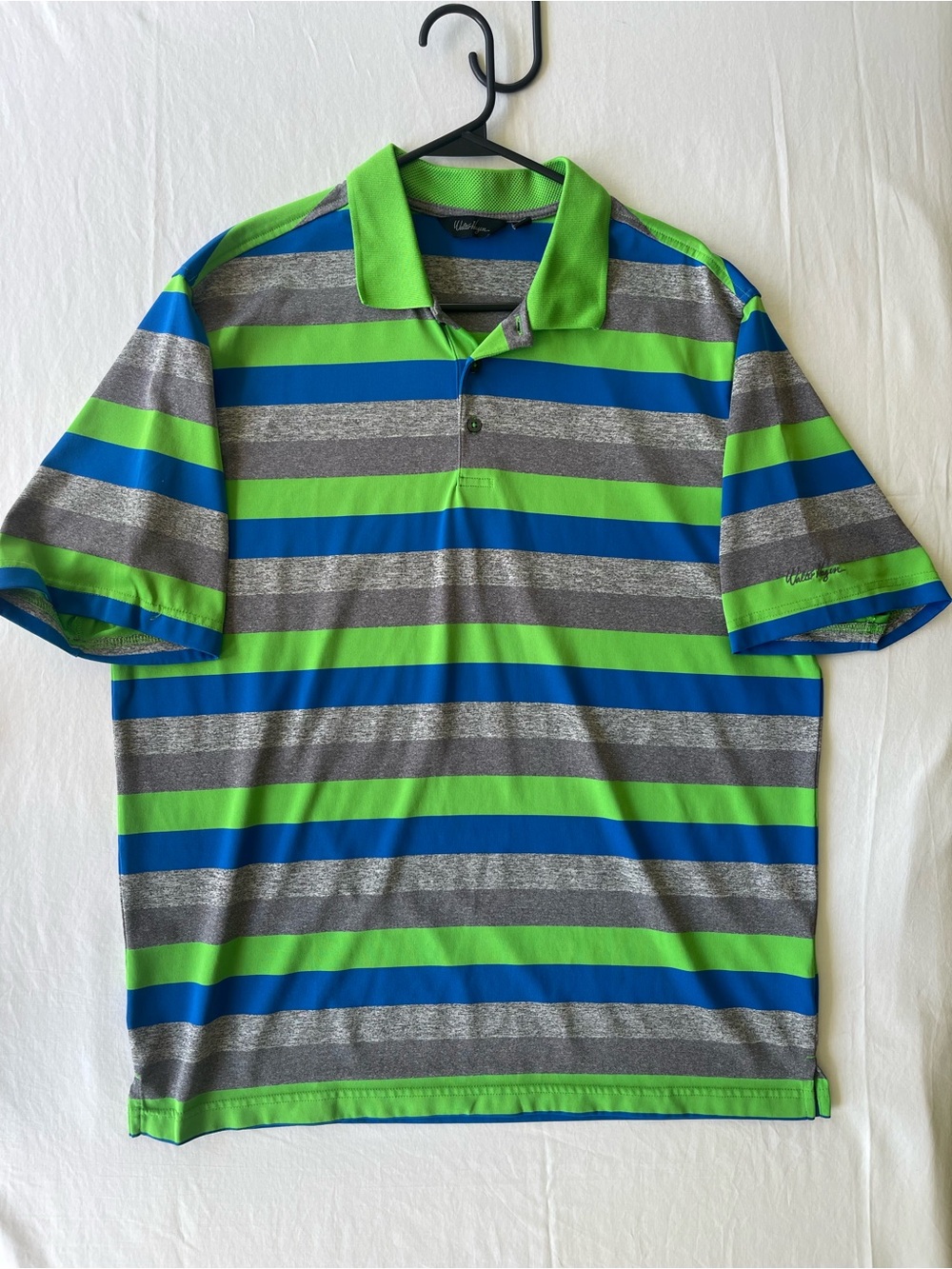 Walter Hagen Mens Golf Polo Shirt Large Striped Green Blue Grey Short Sleeve